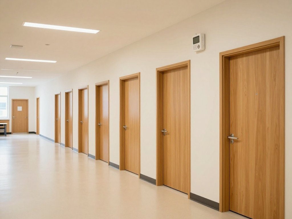Couloir de collège équipé d'une borne DECT fixée au mur