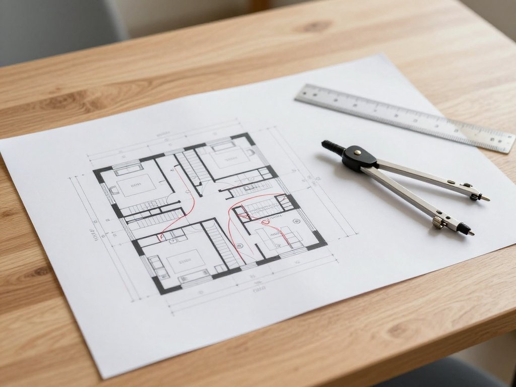 Plan de bâtiment annoté de cercles de couverture posé sur une table, avec compas et règle