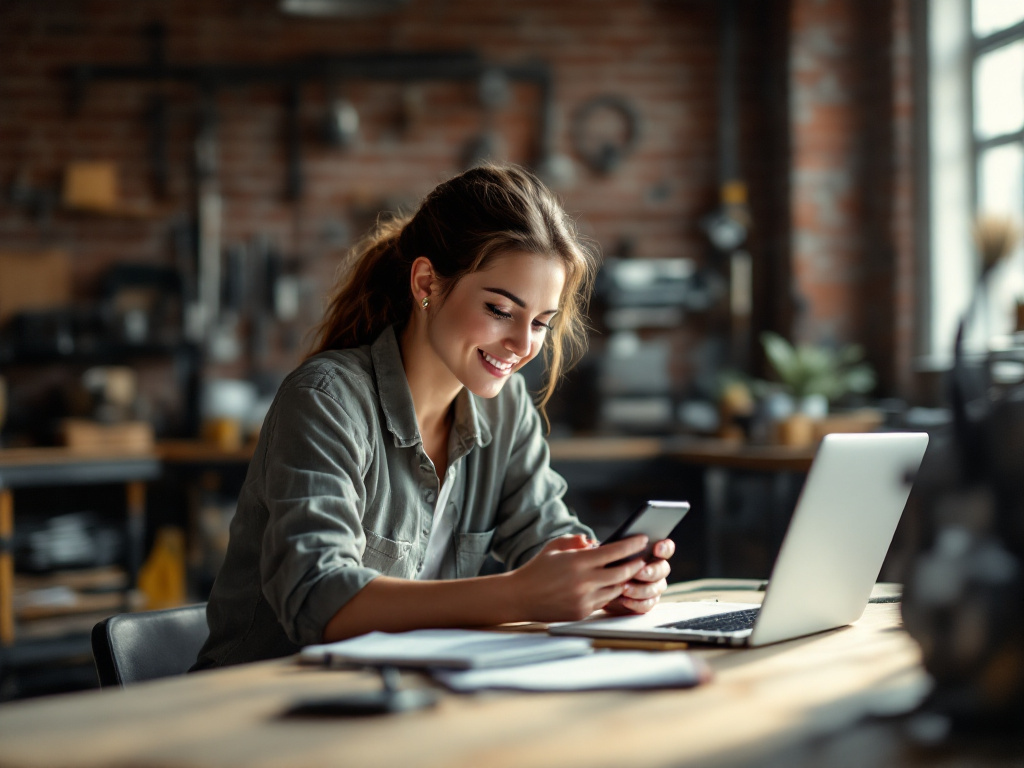 Une gérante de PME consulte son téléphone mobile professionnel dans son atelier